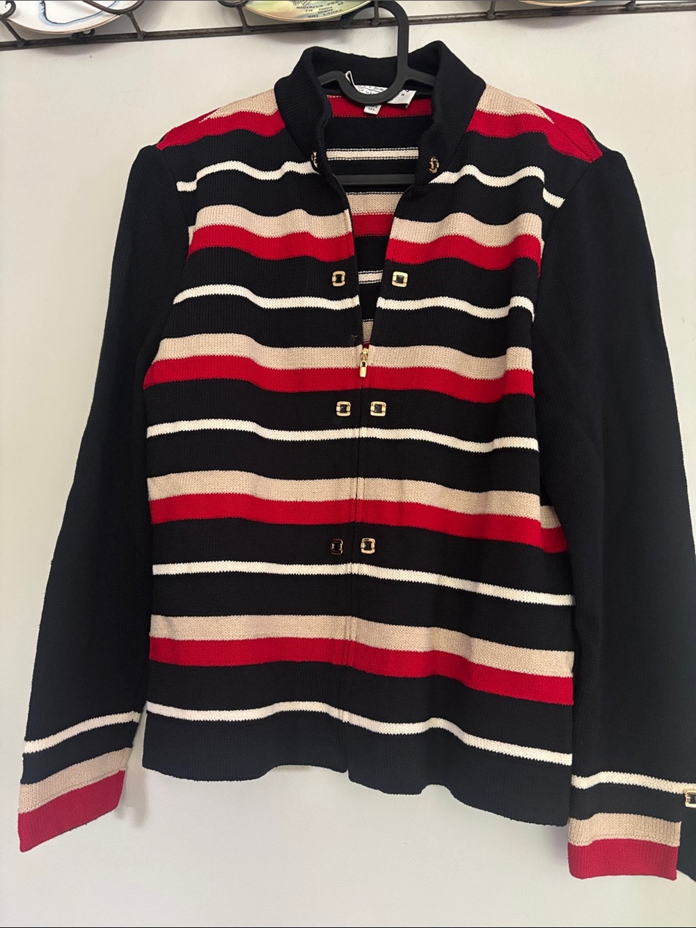 St. John Collection Striped Zip-Front Jacket in Black, Red & Cream